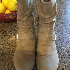 Taupe suede look booties w/ buckle & strap